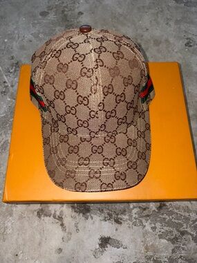 Gucci Brown Monogram Baseball Cap with Tan Leather Strap